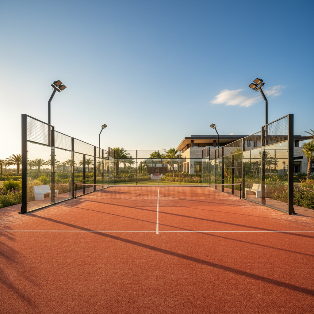 Padel courts at dusk with professional lighting
